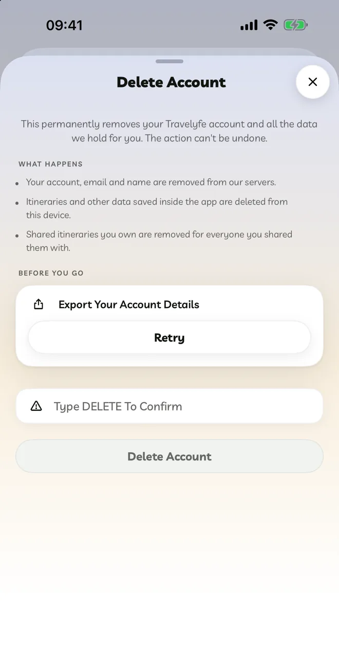 Delete Account with export and the confirmation field