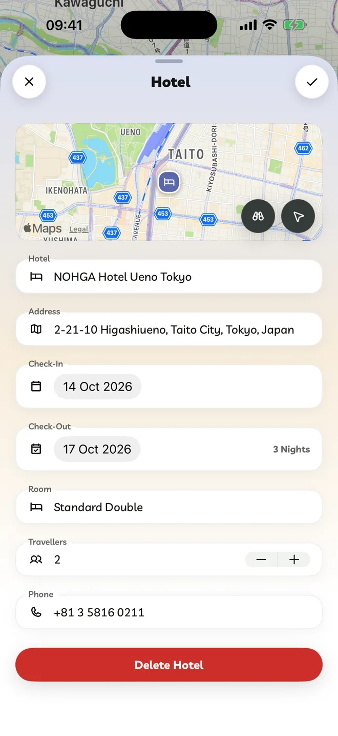 The Hotel editor with address, check-in and check-out dates, room and travellers