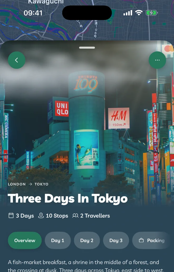 An itinerary in edit mode showing Going From, Going To, Title, Dates and Travellers