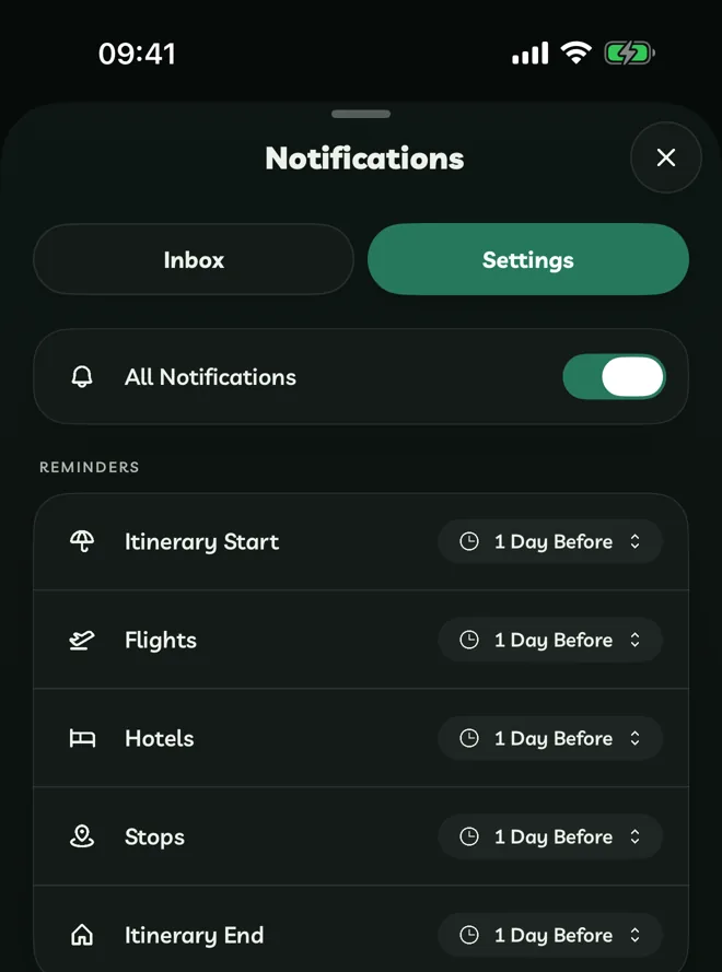 Notification settings with All Notifications and reminder lead times