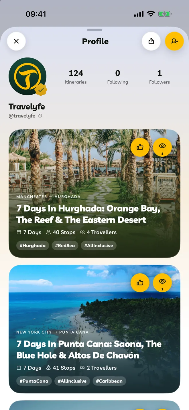 A traveller's public profile with their itineraries