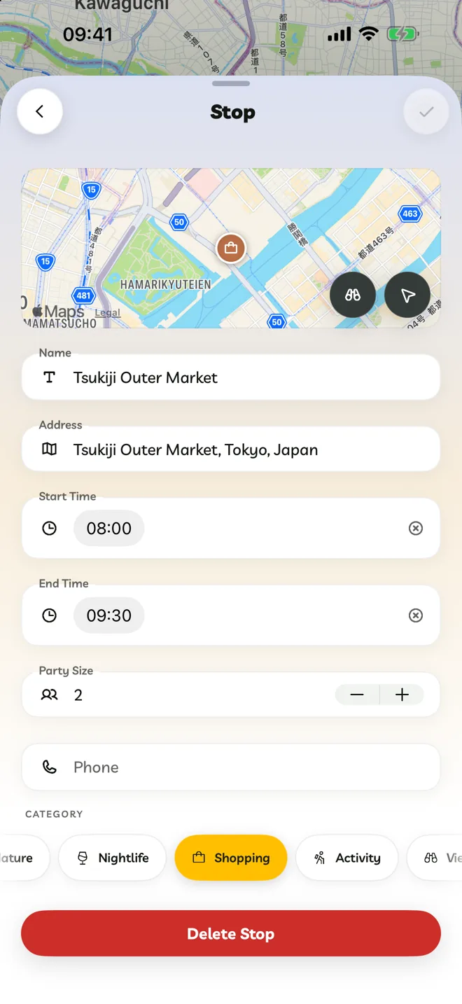 The Stop editor with Name, Address, Start Time, End Time, Party Size, Phone and Category